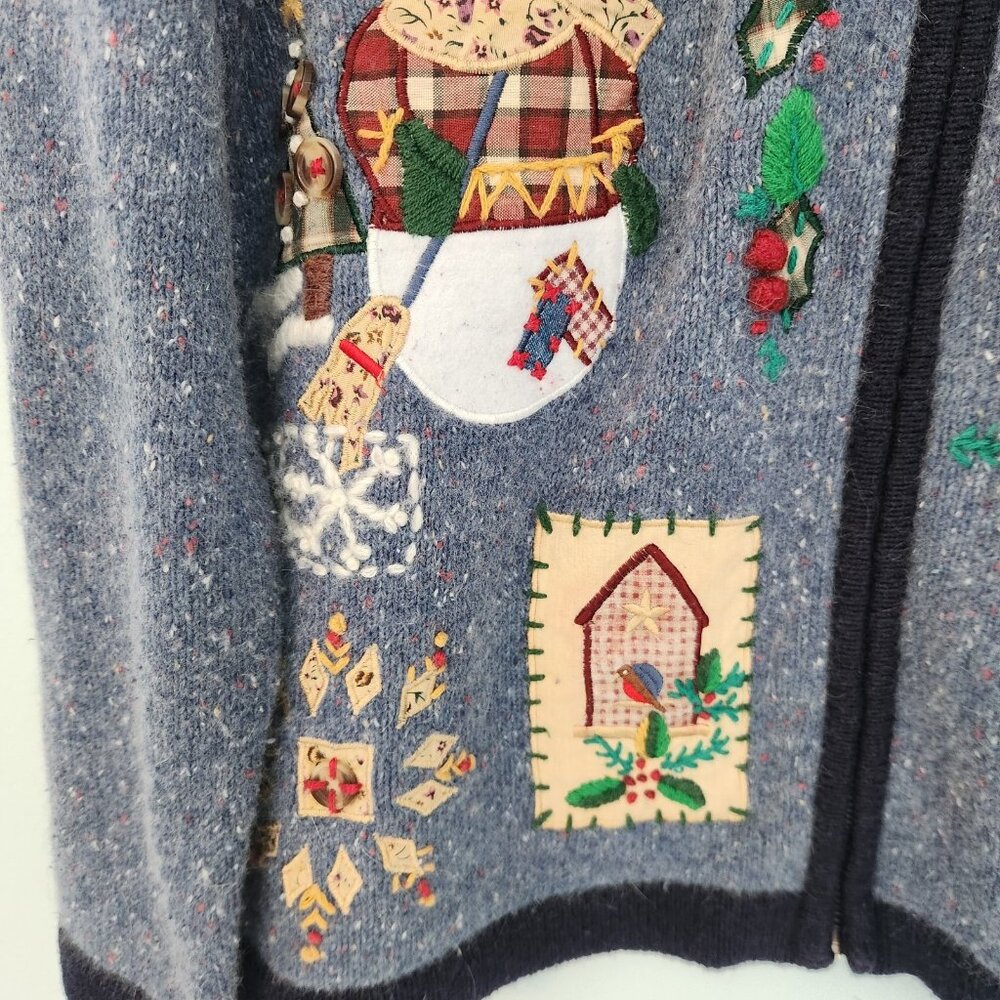 OHI Folk Christmas Sweater Full Zip Country Birds Patriotic US Flag Large EUC - Picture 8 of 16